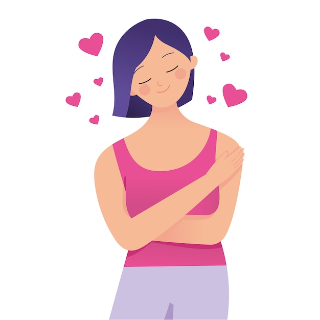 Young lady hugs herself with love, love your self Premium Vector