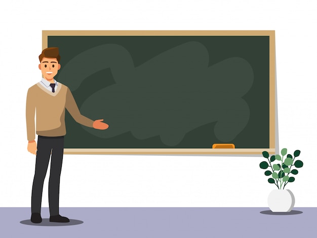 Premium Vector Young Male Teacher On Lesson At Blackboard In Classroom 1505