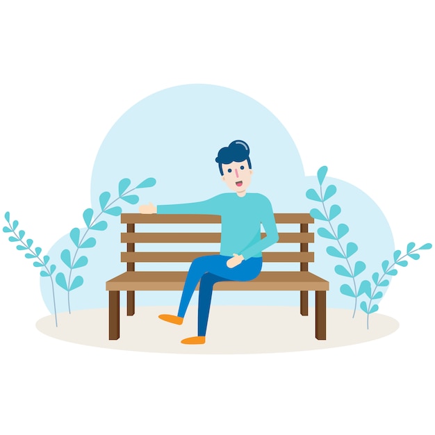 若い男のキャラクターが座っていると公園の庭の漫画イラストのベンチでリラックス プレミアムベクター