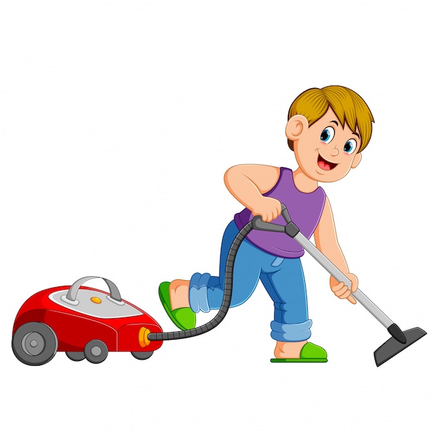 Premium Vector | Young man cleaning with vacuum cleaner