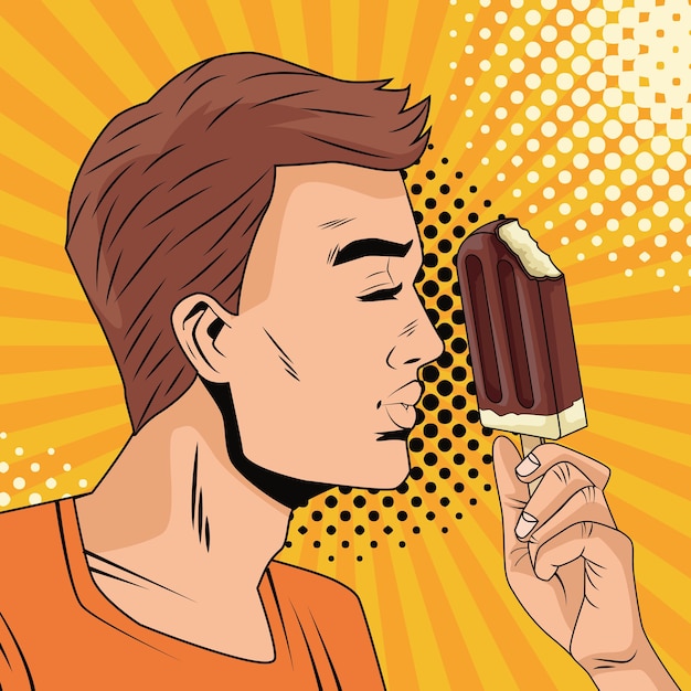 若い男がアイスクリームのキャラクターポップなアートスタイルを食べる プレミアムベクター