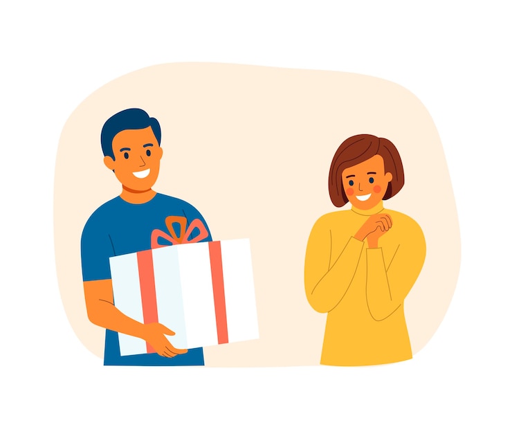 Premium Vector | Young man gives a gift to a young woman vector flat ...