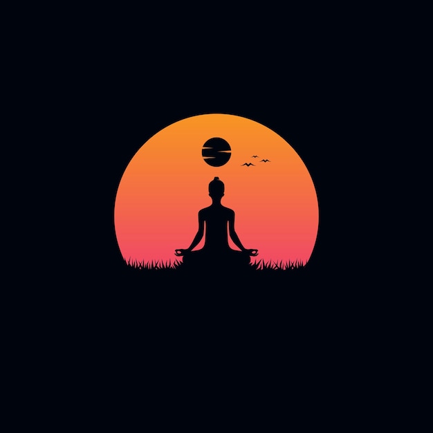 Premium Vector | Young man meditaion with sunset background