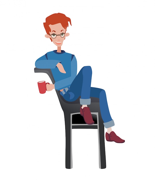一杯のコーヒーで椅子に座っている若い男 白のイラスト プレミアムベクター