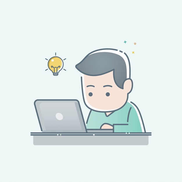 Young man sitting and working on laptop computer Premium Vector