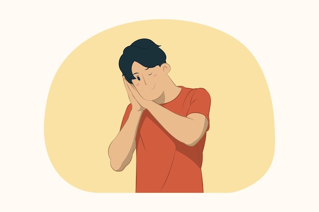 Premium Vector | Young man sleep with folded hands under cheek concept