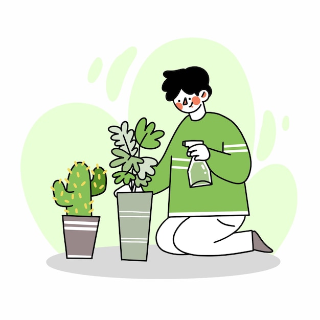 彼の植物の落書きイラストの世話をする若い男 プレミアムベクター