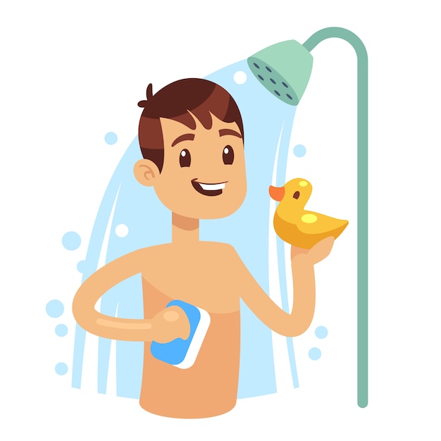 Premium Vector Young man taking shower in bathroom. guy washing