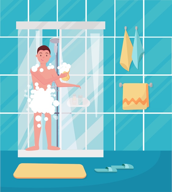 Download Young man taking shower. Vector | Premium Download