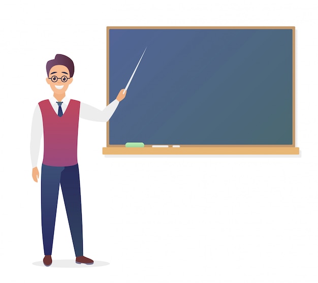 空の学校の黒板イラストの前に立っている若い男の先生 トレンディなグラデーションカラーのメガネでかわいい漫画学校の男性教師 プレミアムベクター