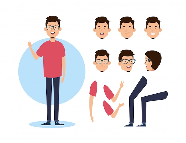 Young man with body parts characters Premium Vector
