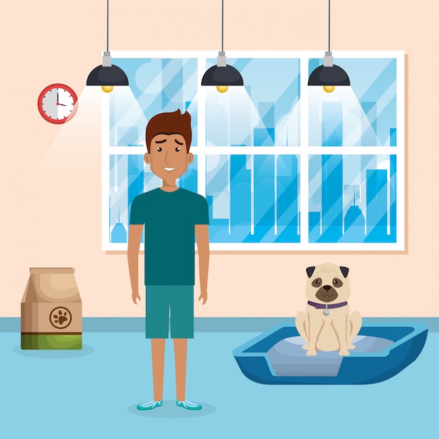 Young man with cute mascot in the house Free Vector