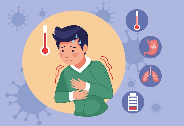 Premium Vector | Young man with fever covid19 symptoms and set icons