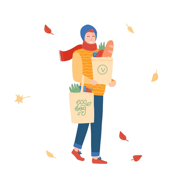 紙と食料品の買い物の再利用可能なバッグを持つ若い男 店で物を買う漫画のキャラクター 暖かい秋の服を着た男 フラットなイラスト プレミアムベクター