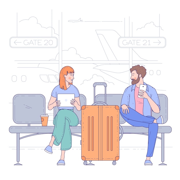 Premium Vector | Young man and woman sitting in airport terminal ...