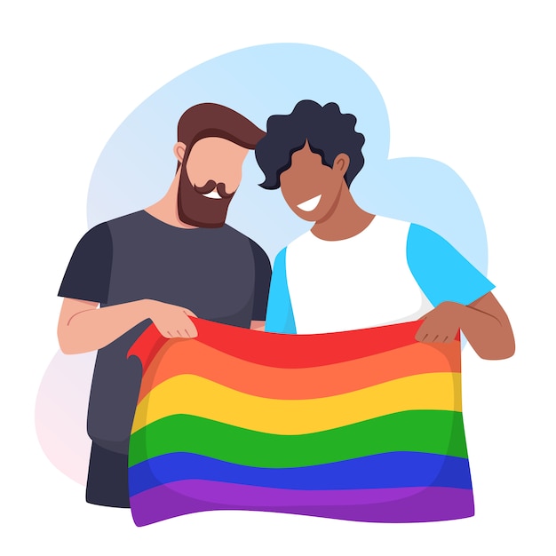 Premium Vector Young Men Hold A Rainbow Lgbt Pride Flag Sexual Minority Rights Concept 8591
