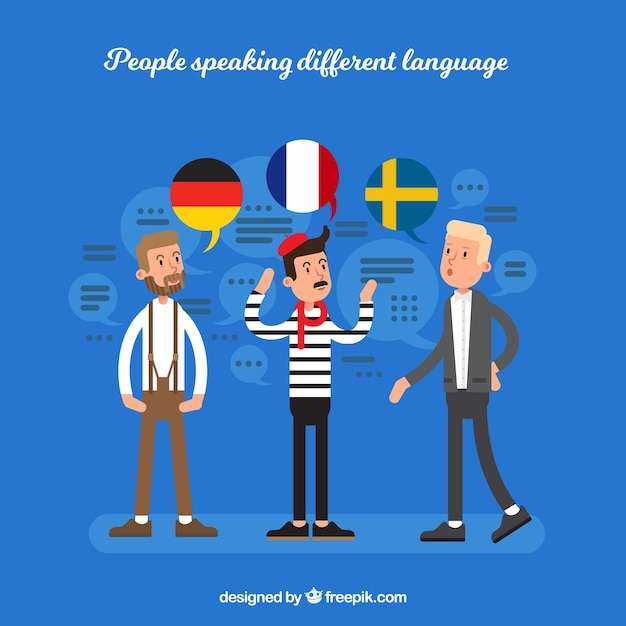 Young men speaking different languages with flat design Free Vector