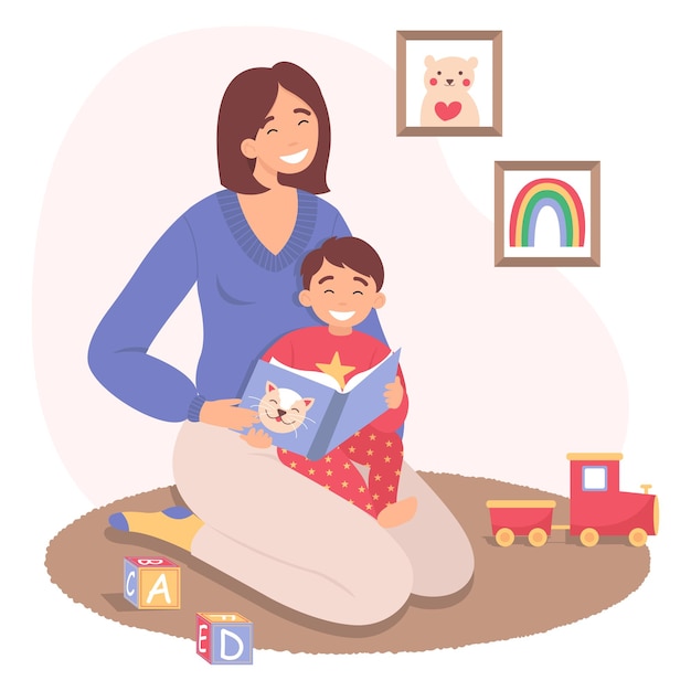 A young mother reading fairy tales to her son the nanny spends time with the child Premium Vector
