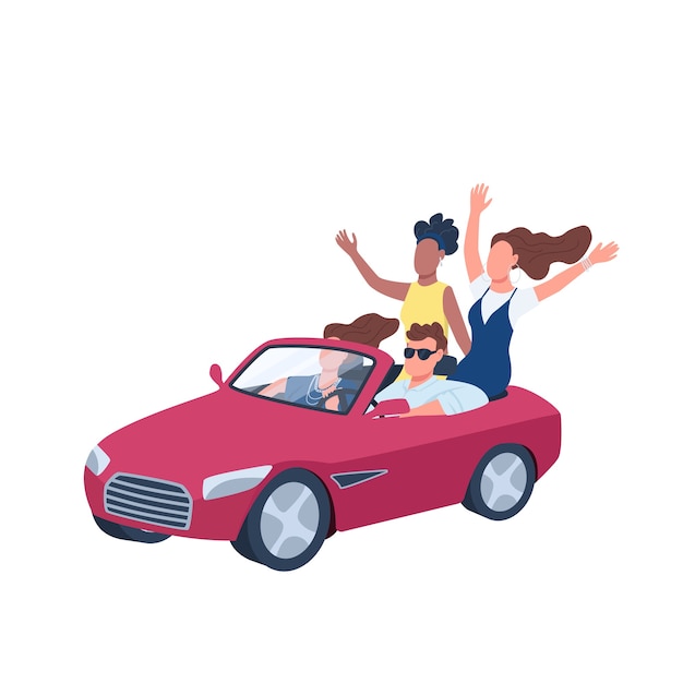 赤いコンバーチブル車のフラットカラーの顔のないキャラクターを運転する若者 女性に囲まれた車の中で男 ぶらぶら Webグラフィックデザインと アニメーションの孤立した漫画イラスト プレミアムベクター