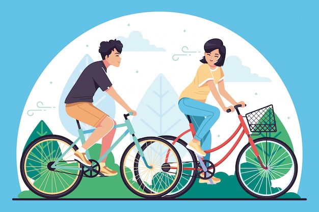 自転車に乗る若者イラスト背景 プレミアムベクター