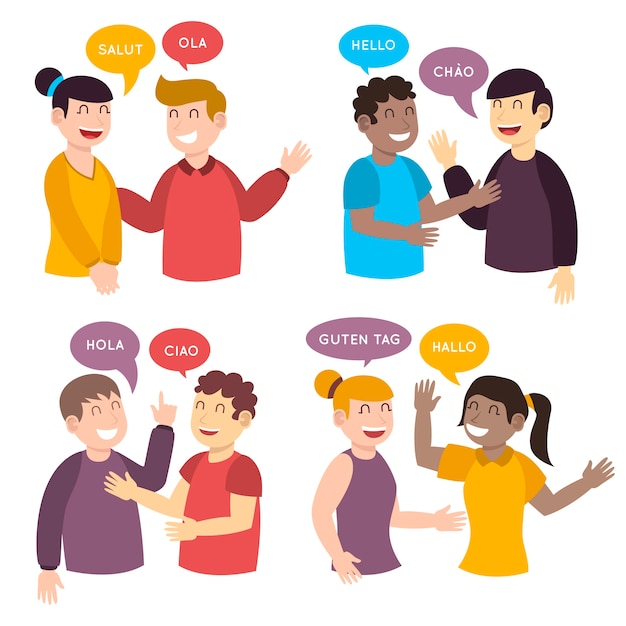 Young people talking in different languages illustrations | Free Vector