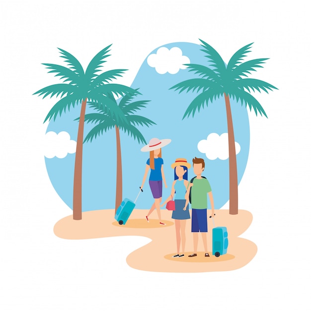 Premium Vector | Young people with suitcases on the beach