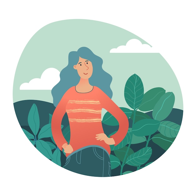 Premium Vector | Young pretty woman in nature surrounding