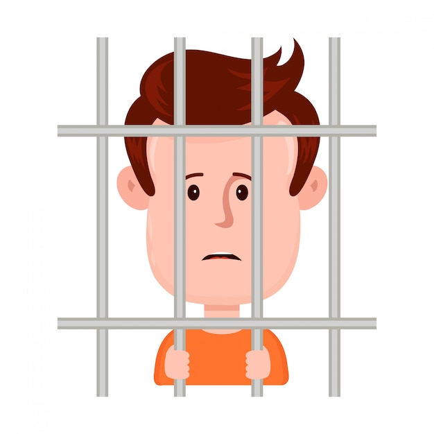 Young Sad Man Prisoner Behind Bars Flat Cartoon Character Illustration Designisolated On White