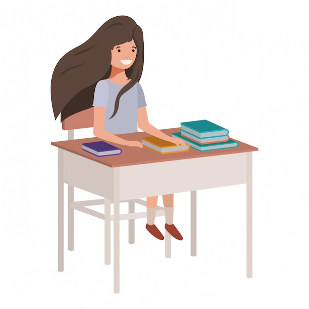 Young Student Girl Sitting In School Desk Premium Vector
