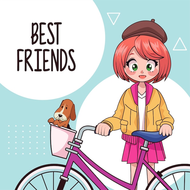 自転車アニメキャラクターイラストの若い10代の少女 プレミアムベクター