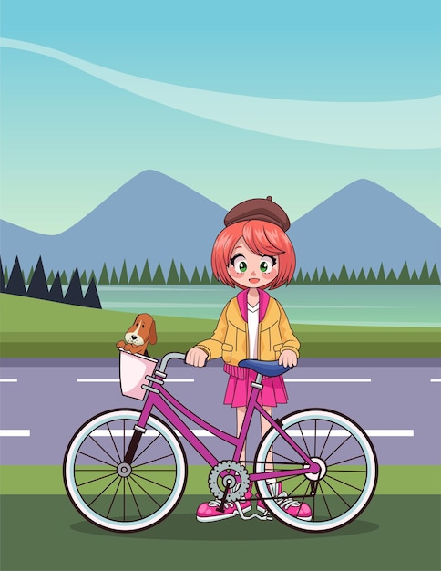 道路イラストの自転車アニメキャラクターの若い10代の少女 プレミアムベクター