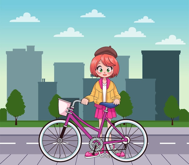 街のイラストの自転車アニメキャラクターの若い10代の少女 プレミアムベクター