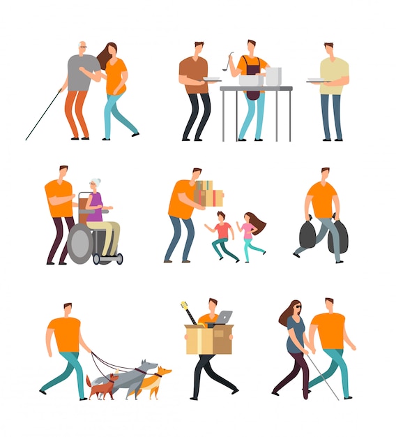 Young volunteers help to disabled and old people. volunteer walking with dog, babysitting and assistance. vector characters set Premium Vector