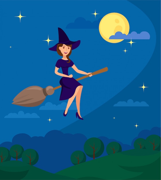 Premium Vector | Young witch flying to coven flat illustration