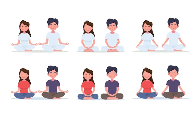 蓮華座で瞑想する若い女性と男性のカップル かわいい漫画のヨガと瞑想のイラスト プレミアムベクター