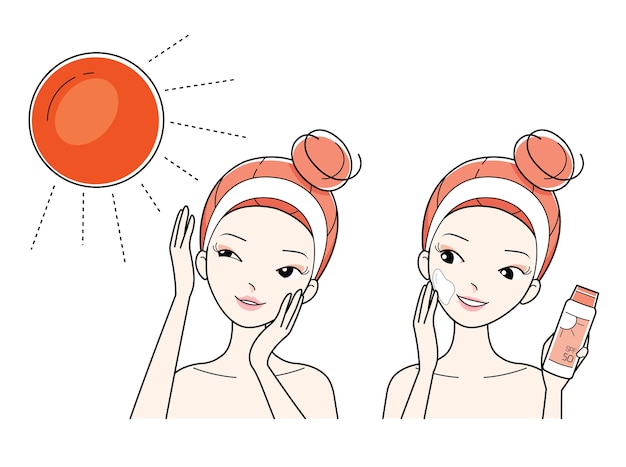 Premium Vector | Young woman apply skin face with sunscreen