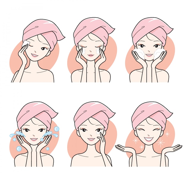 Young woman cleaning and care her face set Premium Vector