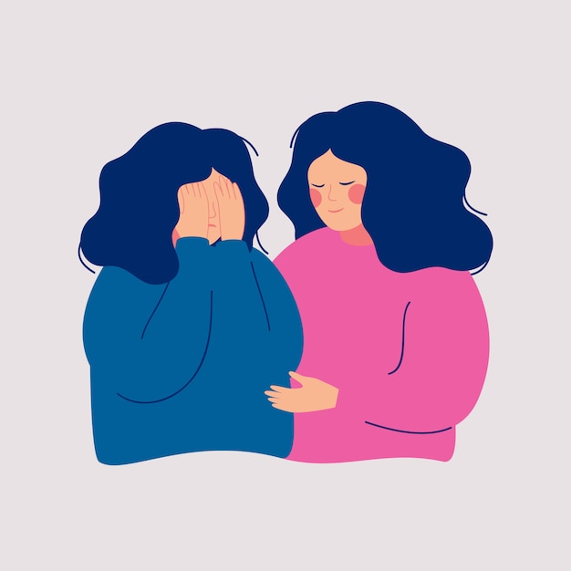 Young woman comforting her crying best friend. help and support concept. Premium Vector