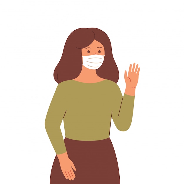 Download Young woman in face mask maintain a social distance is waving her hand. | Premium Vector