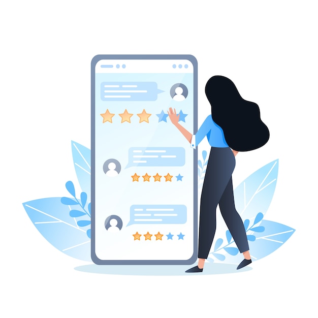 Young woman giving feedback using the mobile app, online reviews of people on the smartphone screen Premium Vector