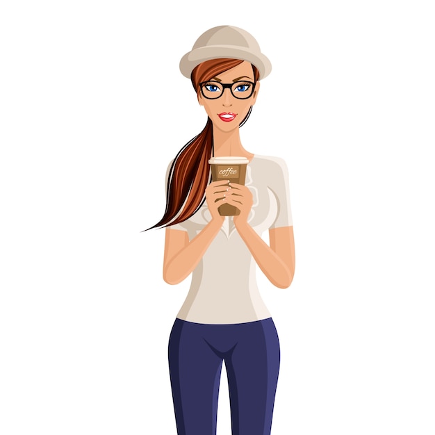 Download Free Vector | Young woman hipster girl holding coffee cup ...