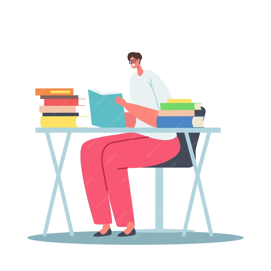 Premium Vector | Young woman holding book sitting at desk prepare to ...