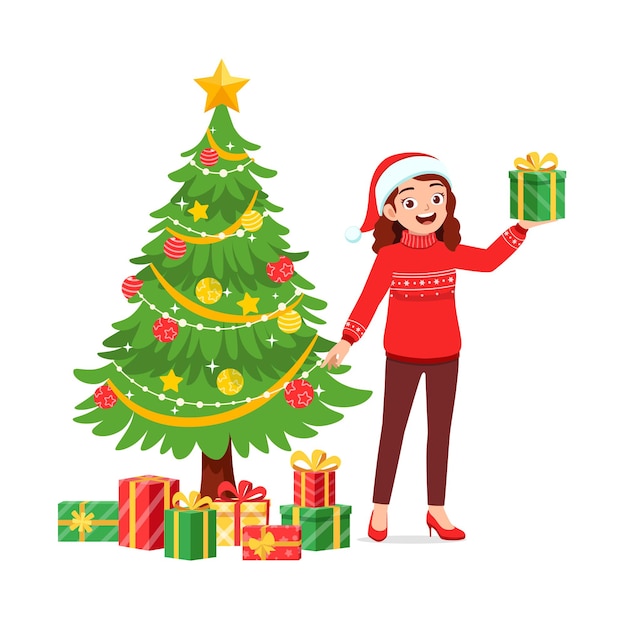 Premium Vector | Young woman holding box present in christmas