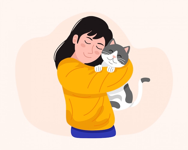 Premium Vector Young woman holding cute cat. illustration