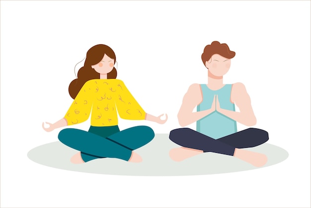 Premium Vector | Young woman and man couple doing yoga and meditation ...