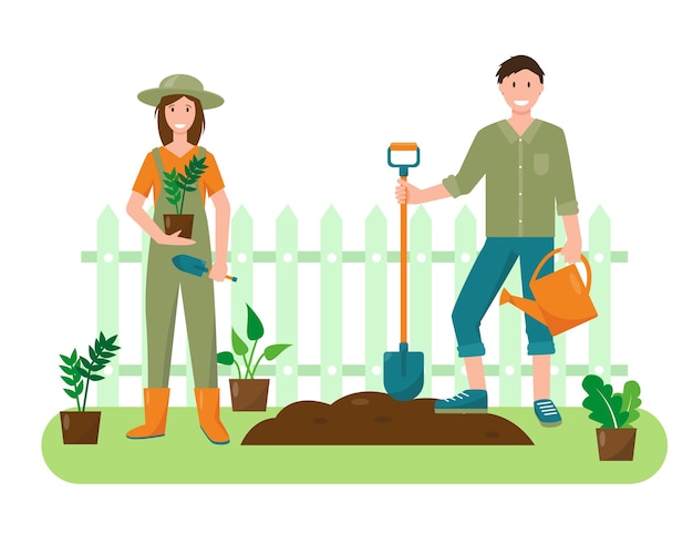 Premium Vector | Young woman and man with plants and gardening tools in ...