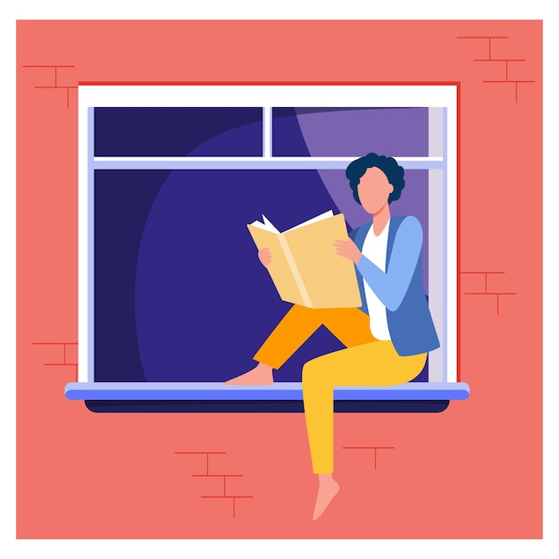 Download Free Vector | Young woman reading book on windowsill. girl enjoying novel, student doing home ...