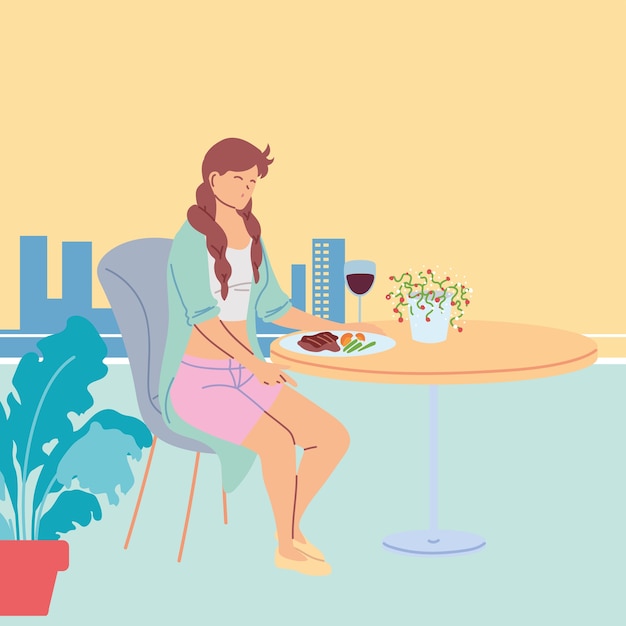 Premium Vector | Young woman sitting in a beautiful restaurant having ...