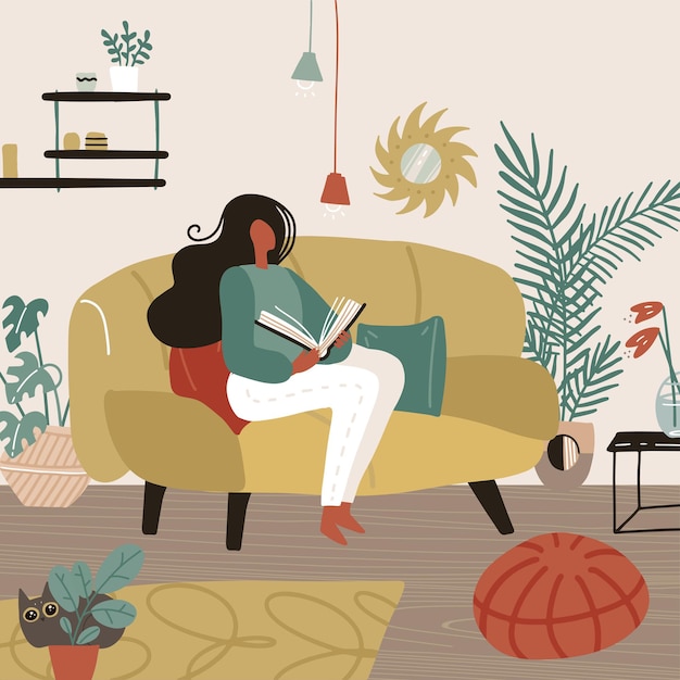 Premium Vector | Young woman sitting on sofa in her room and reading a ...