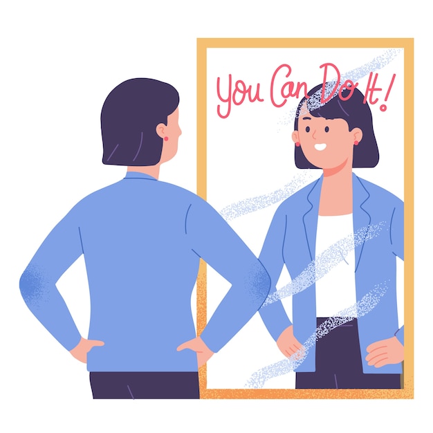 Young woman standing in front of mirror motivate and confident you can do it vector illustration Free Vector